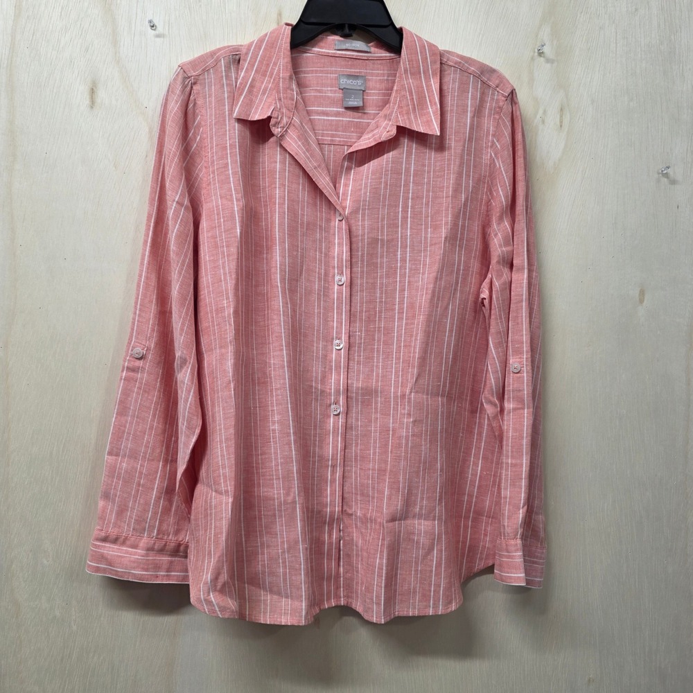Chico's No Iron 100% Linen Striped Roll-Tab Button Down Shirt Coral Pink Size 2